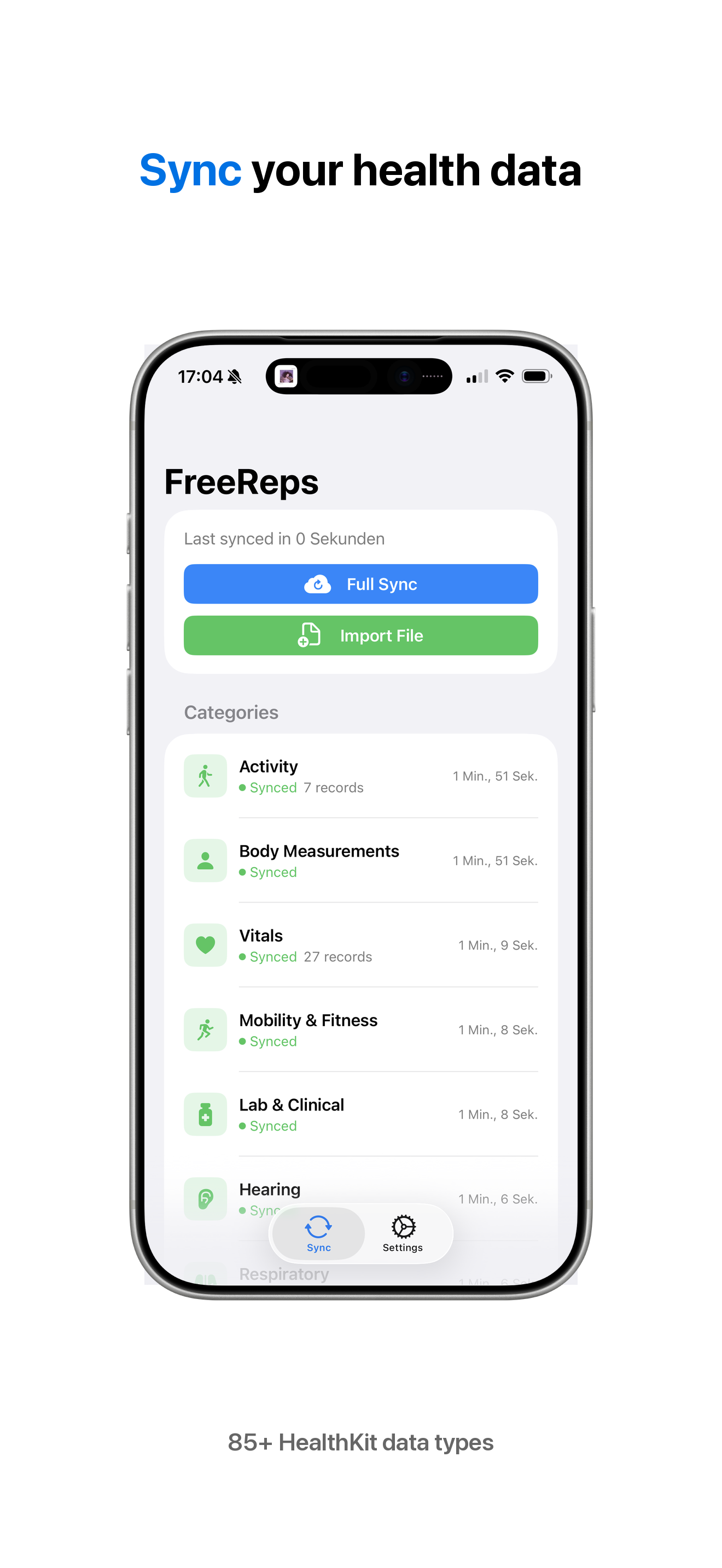 HealthKit sync with 85+ data types